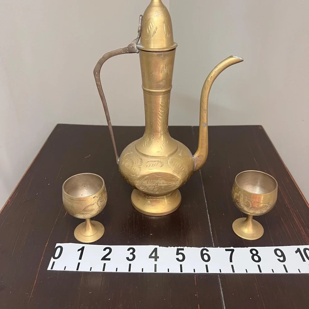 VTG Brass Ewer & 2 Goblets Set, Etched India Decanter Moroccan Style Pitcher Bar